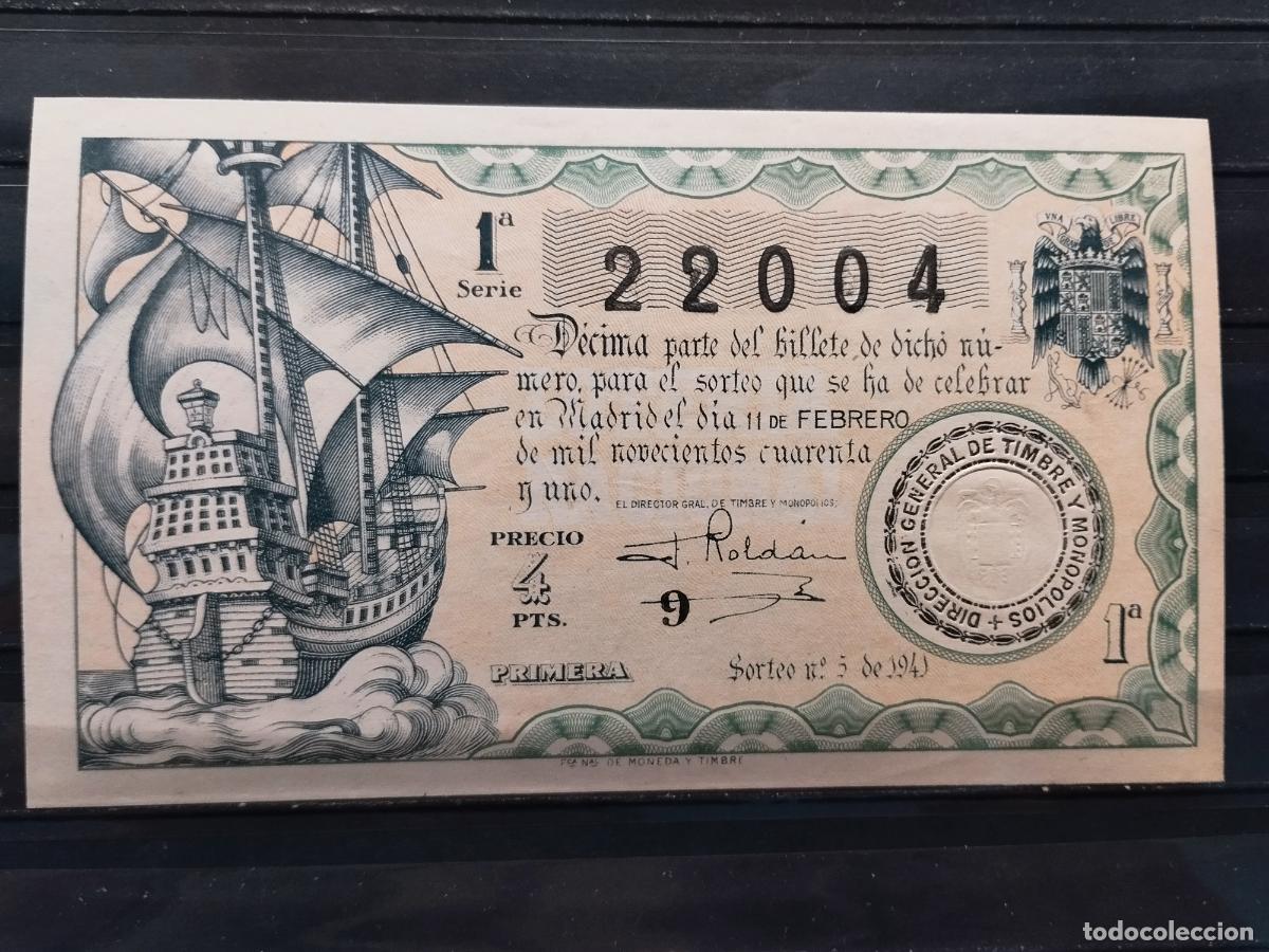 Lotteria Nationale Spagnola: FAC - DECIMO LOTERIA NACIONAL 1941. MADRID. SORTEO N&ordm; 5. EXCELENTE CALIDAD. LEER DESCRIPCION.