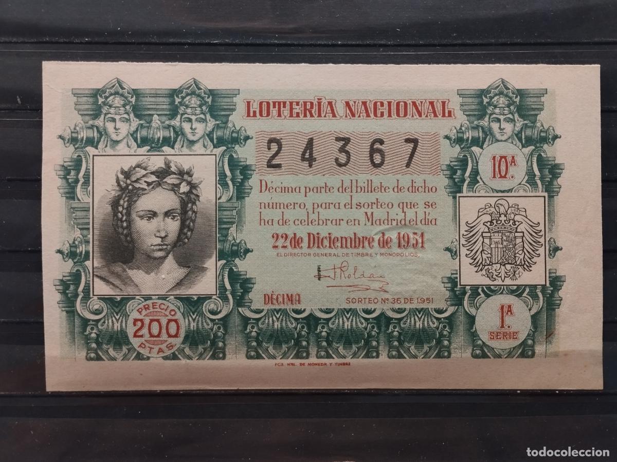 Loterie Nationale: FAC - DECIMO LOTERIA NACIONAL 1951. MADRID. SORTEO N&ordm; 36. EXCELENTE CALIDAD. LEER DESCRIPCION