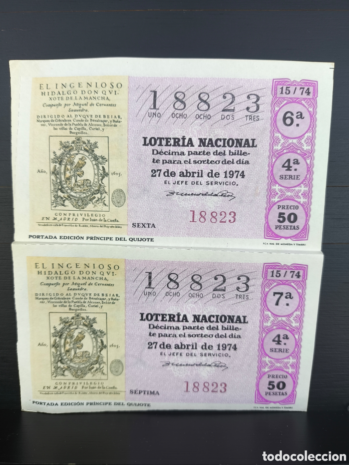 Loter&iacute;a nacional: D&eacute;cimos Loter&iacute;a Nacional portada edici&oacute;n pr&iacute;ncipe del Quijote Administraci&oacute;n VALDES Barcelona 1974