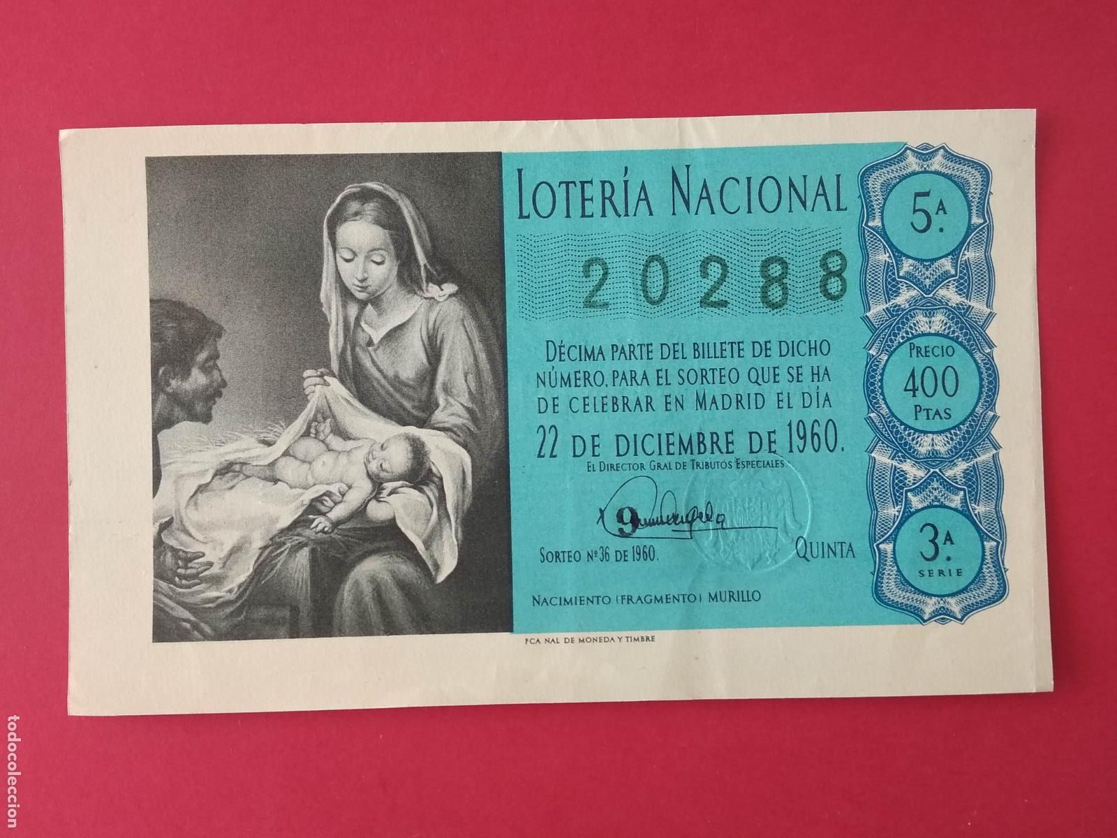 Loter&iacute;a nacional: DECIMO DE LOTERIA NACIONAL A&Ntilde;O 1960 SORTEO N&ordm; 36
