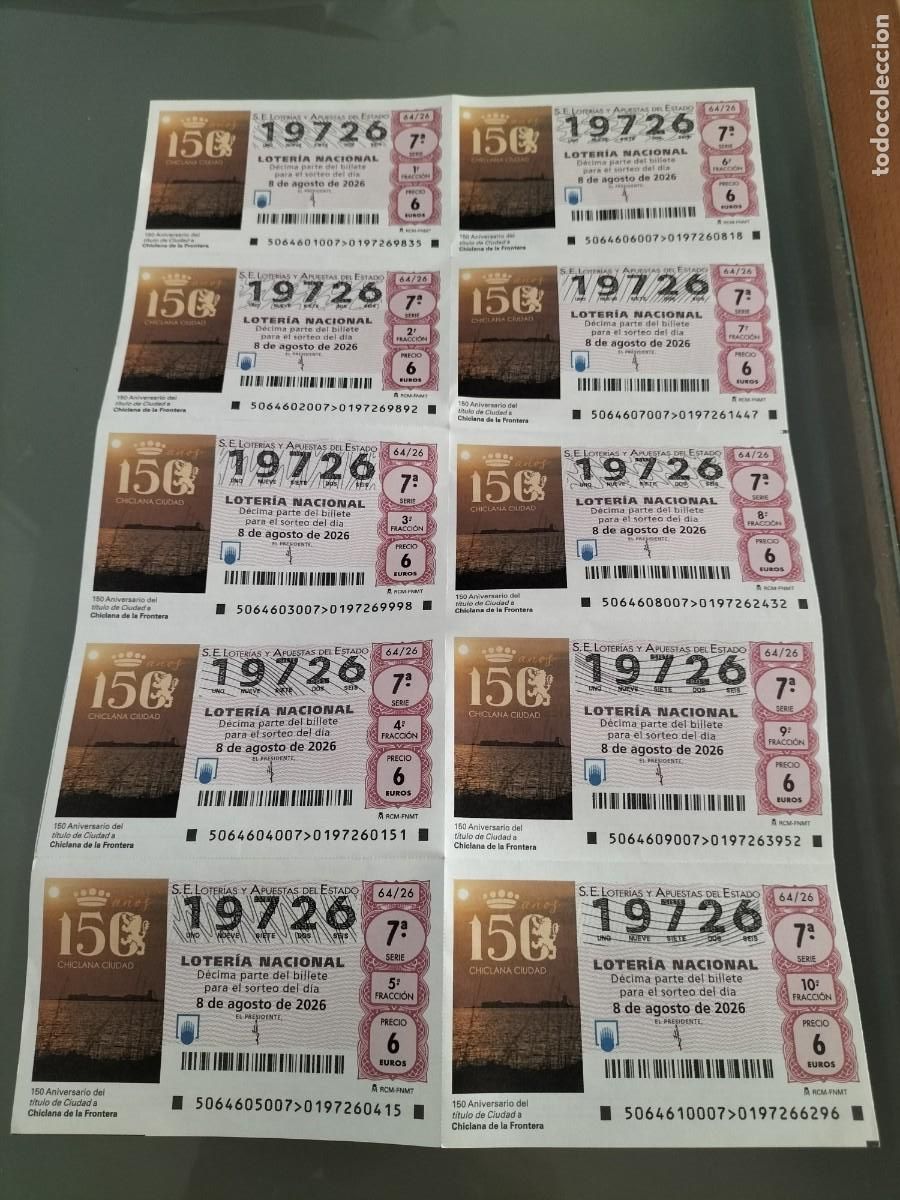 Loter&iacute;a nacional: BILLETE LOTERIA NACIONAL SABADO 8 AGOSTO 2026 64/26 CHICLANA DE LA FRONTERA ( CADIZ 150 ANIV TITULO