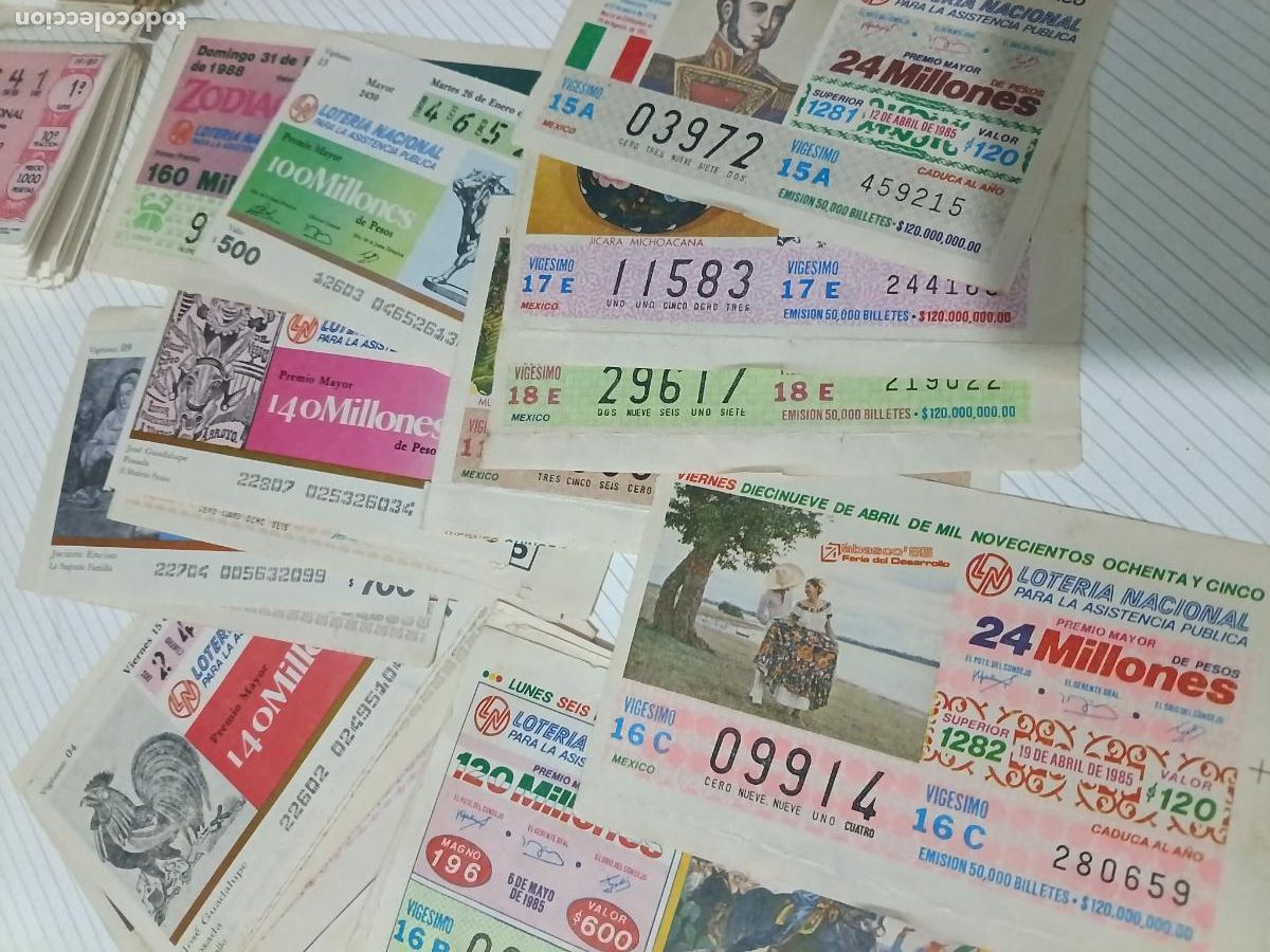 Loter&iacute;a nacional: M&eacute;xico. 24 boletos. Loter&iacute;a Nacional de 1970, 1987, 1988, 1985
