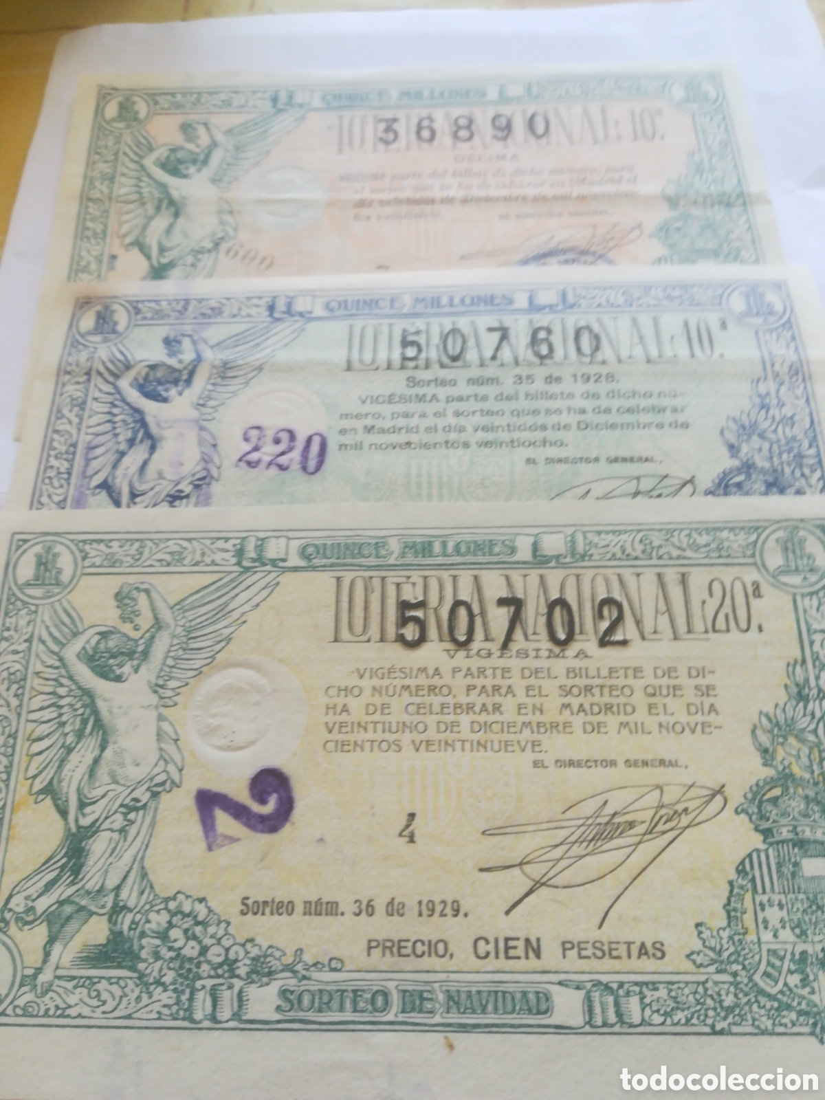 Loter&iacute;a nacional: Lote de tres d&eacute;cimos sorteo de Navidad a&ntilde;os 1927, 28, 29.