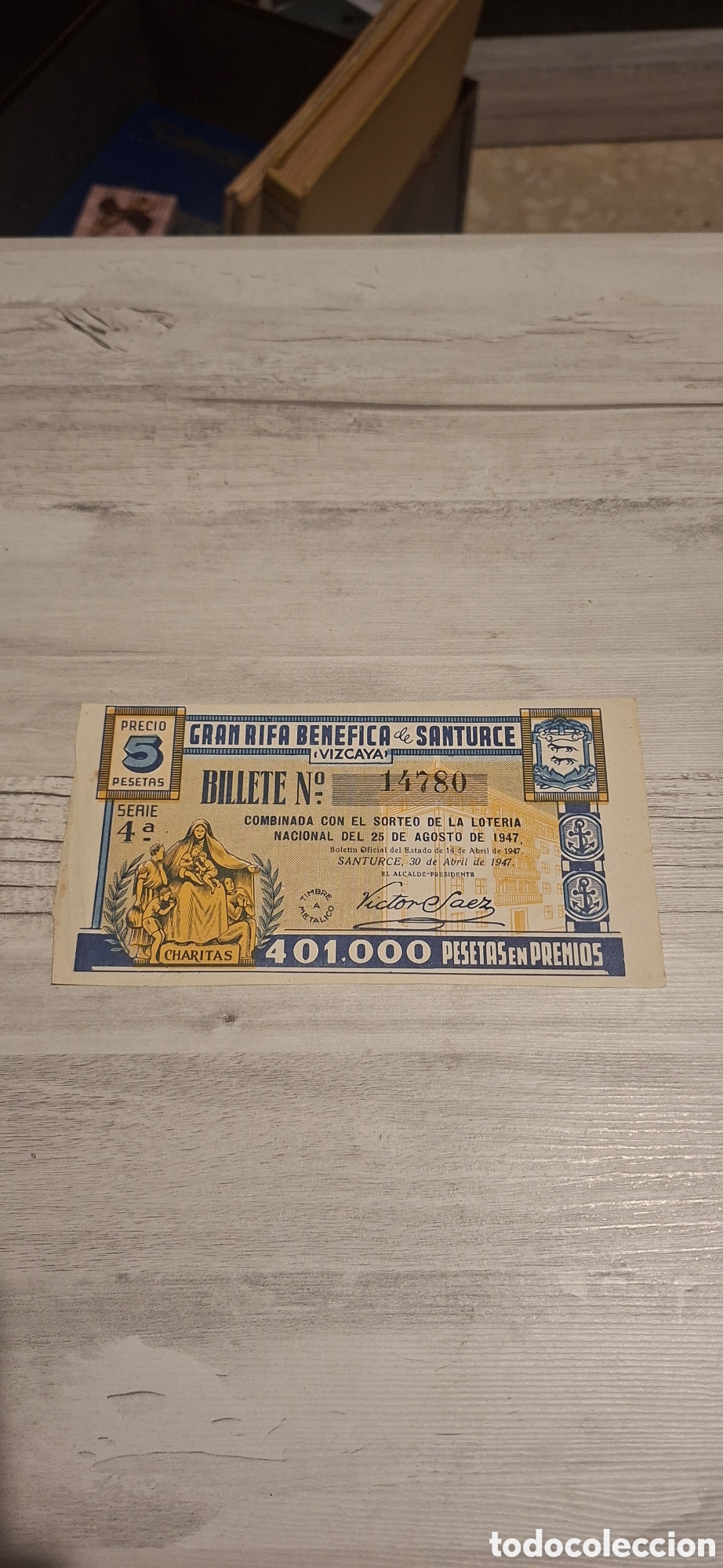 Loter&iacute;a nacional: Billete antiguo de la Gran Rifa Ben&eacute;fica de Santurce (Vizcaya)