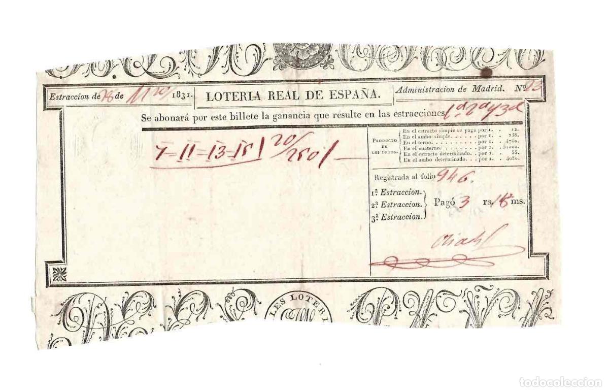 Loter&iacute;a nacional: RECIBO REAL LOTERIA DE ESPA&Ntilde;A. A&Ntilde;O 1831