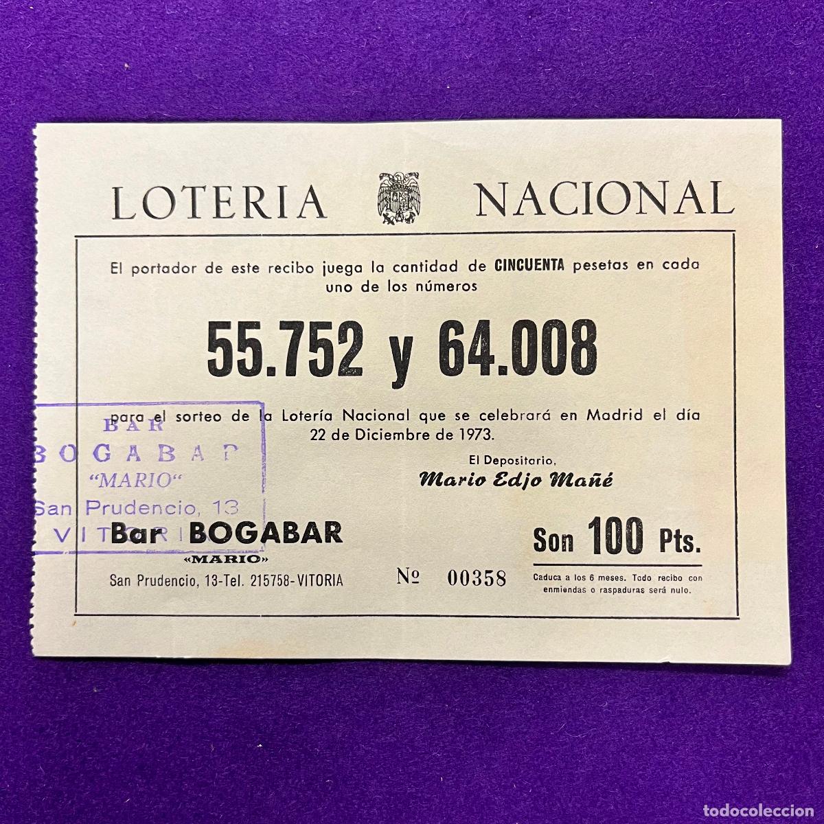 Loter&iacute;a nacional: ANTIGUO CUPON BOLETO DE LOTERIA NACIONAL. BAR BOGABAR MARIO. VITORIA.