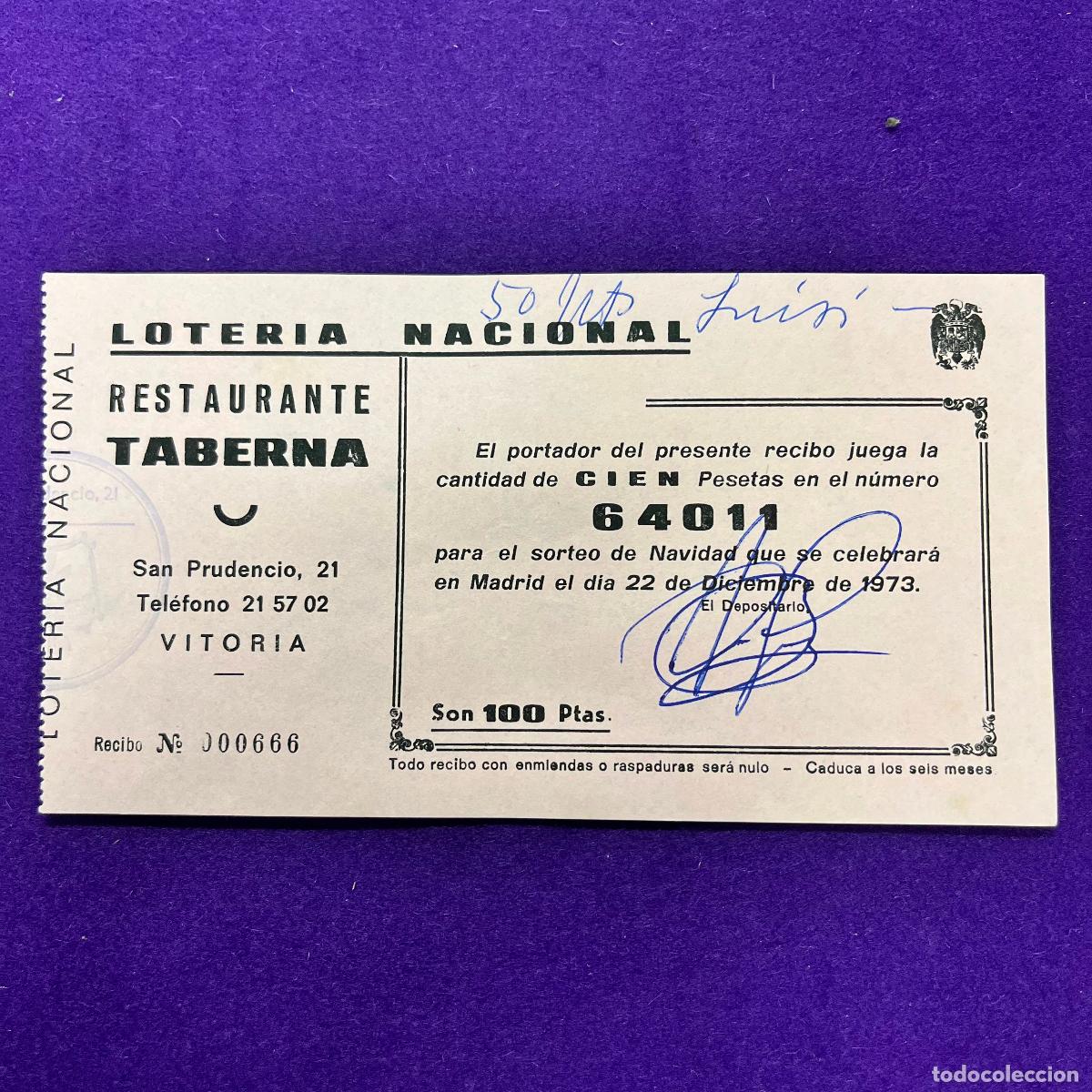 Loter&iacute;a nacional: ANTIGUO CUPON BOLETO DE LOTERIA NACIONAL. RESTAURANTE TABERNA. VITORIA.
