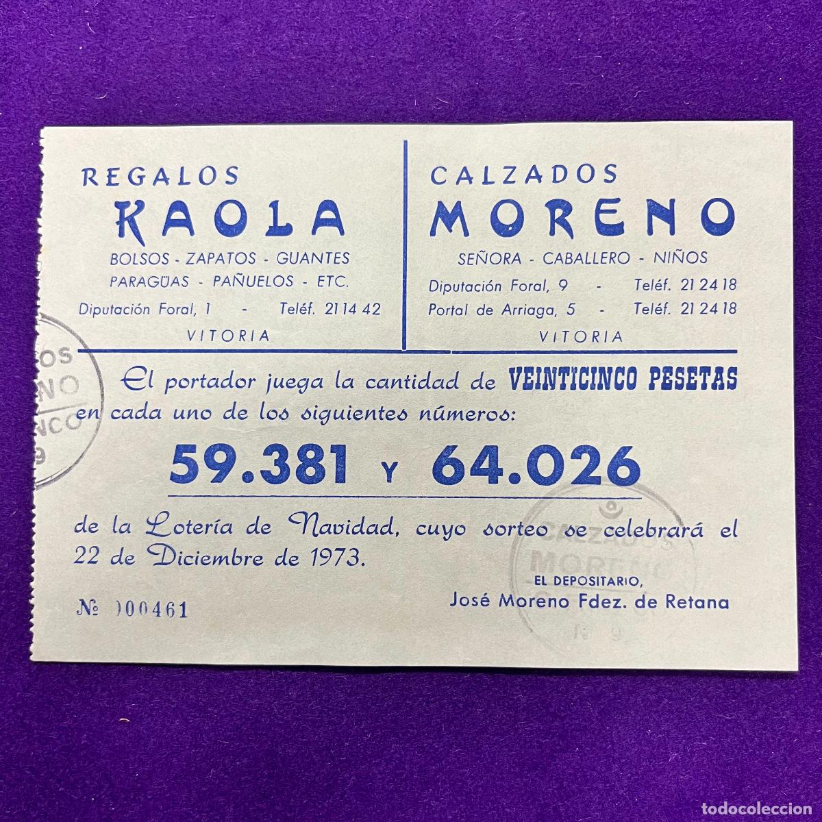 Loter&iacute;a nacional: ANTIGUO CUPON BOLETO DE LOTERIA NACIONAL. REGALOS KAOLA. CALZADOS MORENO. VITORIA.