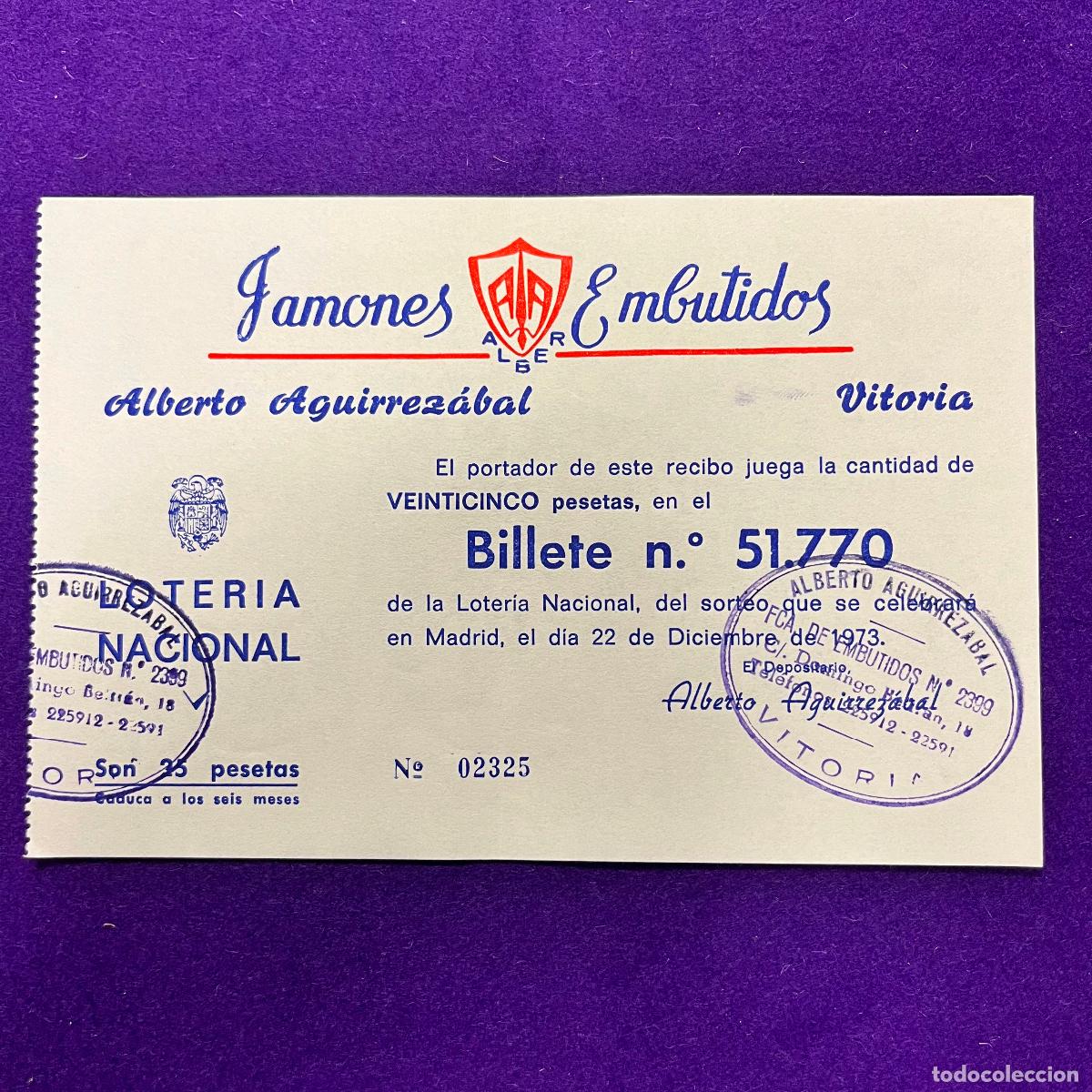 Loter&iacute;a nacional: ANTIGUO CUPON BOLETO DE LOTERIA NACIONAL. JAMONES ALBERTO AGUIRREZABAL. VITORIA.