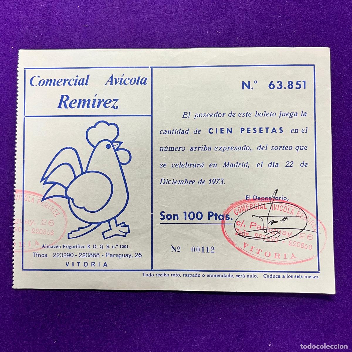 Loter&iacute;a nacional: ANTIGUO CUPON BOLETO DE LOTERIA NACIONAL. COMERCIAL AVICOLA REMIREZ. VITORIA.