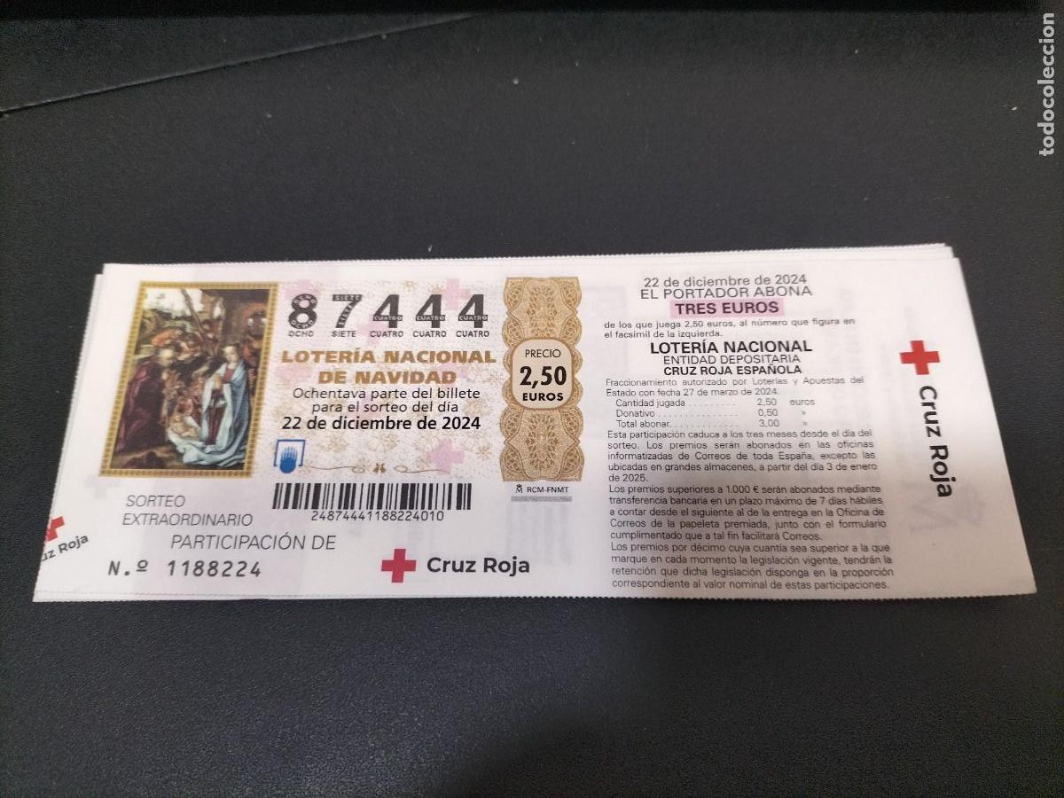 Loter&iacute;a nacional: 1 DECIMO PARTICIPACION LOTERIA NACIONAL SABADO CRUZ ROJA NAVIDAD 22 DICIEMBRE 2024 102/24