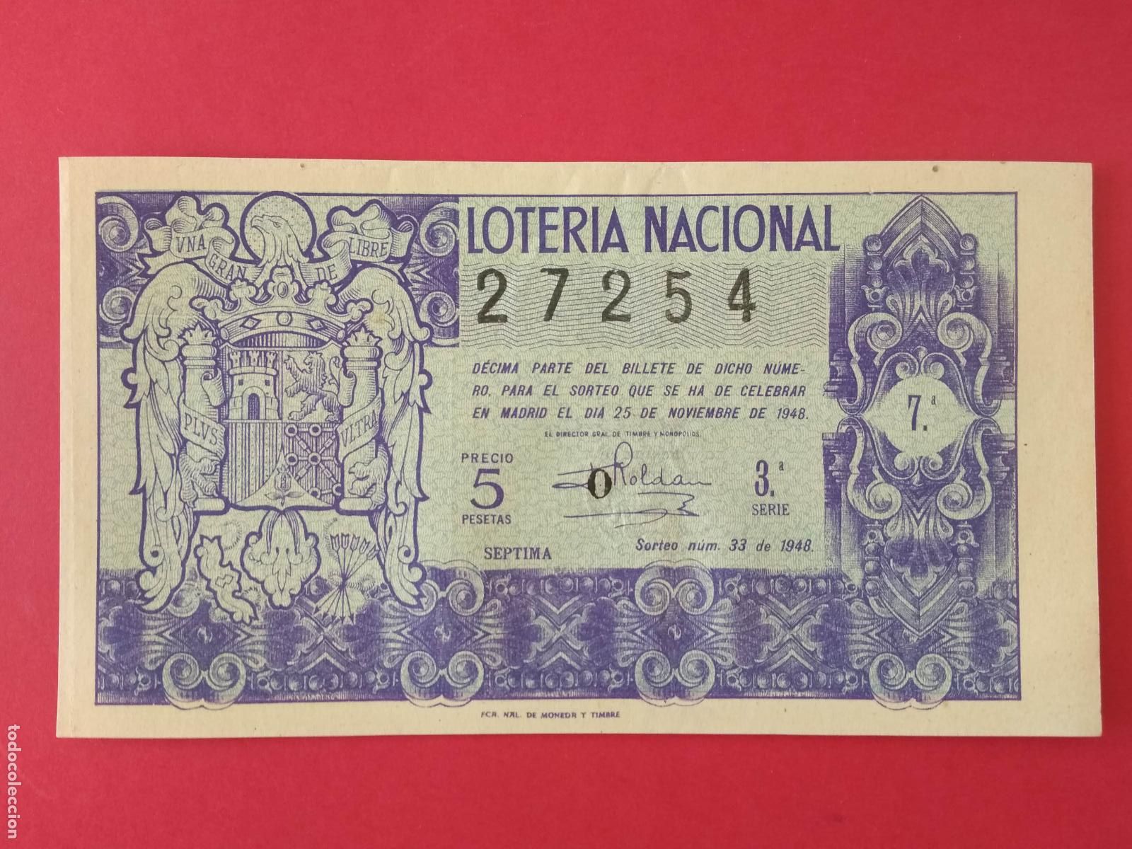 Loter&iacute;a nacional: DECIMO DE LOTERIA NACIONAL A&Ntilde;O 1948 SORTEO N&ordm; 33
