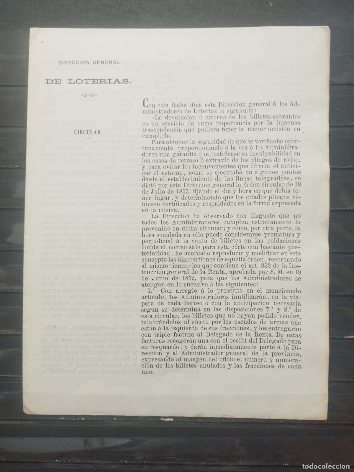 Nationale spanische Lotterie: BZB CIRCULAR DE LA DIRECCION GENERAL DE LOTERIAS. A&Ntilde;O 1863. MADRID. EXCELENTE CALIDAD.