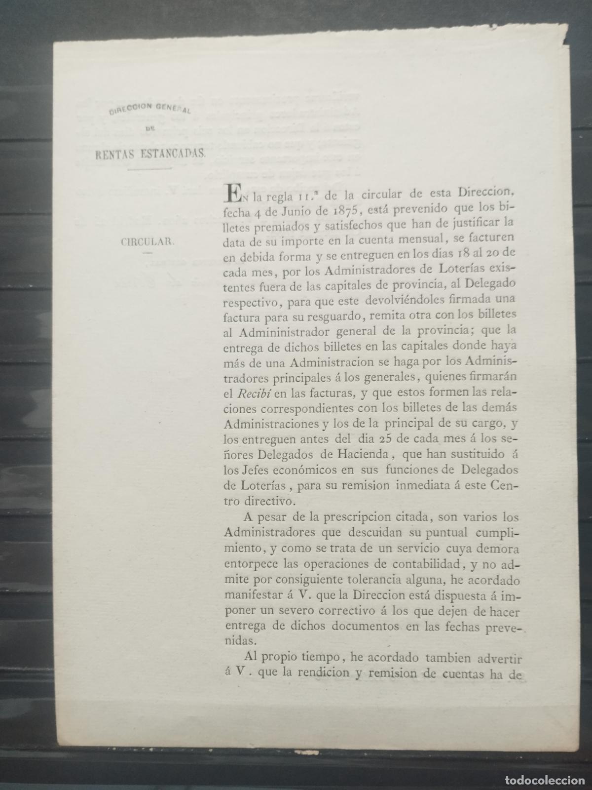 Nationale spanische Lotterie: BZB CIRCULAR DERENTAS ESTANCADAS. LOTERIA. A&Ntilde;O 1882. MADRID. EXCELENTE CALIDAD.