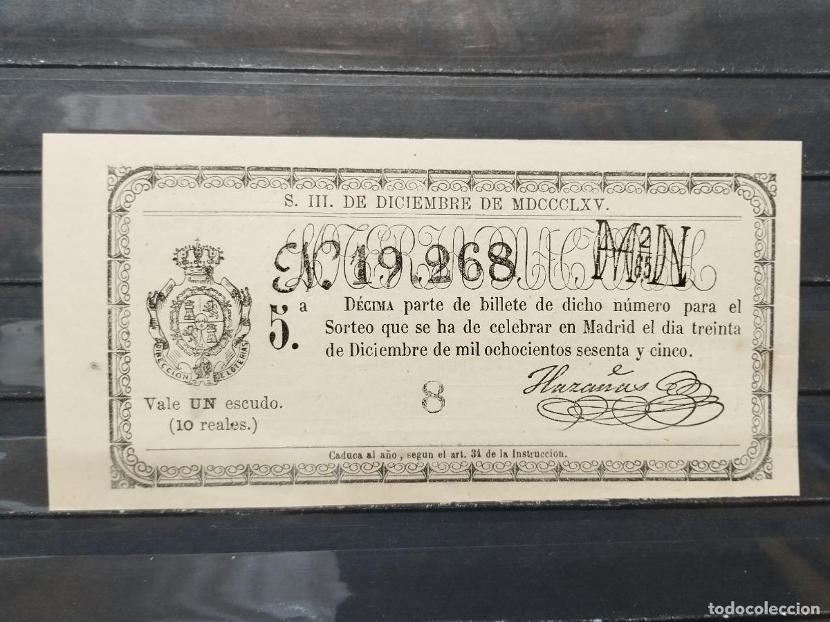 National Spanish Lottery: BZB DECIMO DE LOTERIA 1865. MADRID. 1 ESCUDO &Oacute; 10 REALES DE VELLON. PERFECTO. SIN DOBLAR