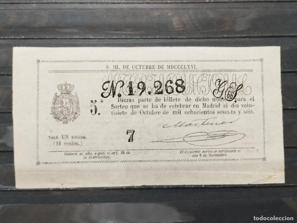 Nationale spanische Lotterie: BZB DECIMO DE LOTERIA 1866. MADRID. 1 ESCUDO &Oacute; 10 REALES DE VELLON. INFIMA DOBLEZ HORIZONTAL.