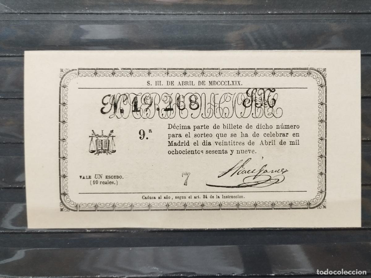 Lotteria Nationale Spagnola: BZB DECIMO DE LOTERIA 1869. MADRID. 1 ESCUDOS &Oacute; 10 REALES DE VELLON. PERFECTO. SIN DOBLECES
