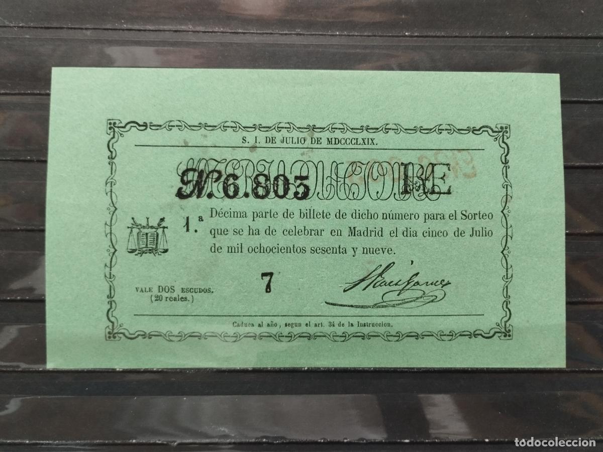Lotteria Nationale Spagnola: BZB DECIMO DE LOTERIA 1869. MADRID. 2 ESCUDOS &Oacute; 20 REALES DE VELLON. MANCHITAS. SIN DOBLECES