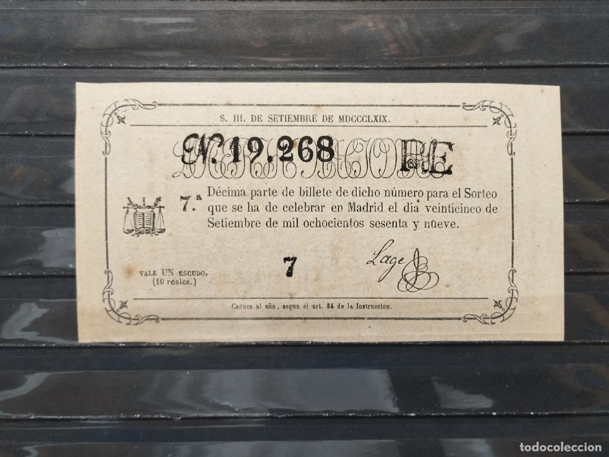 Lotteria Nationale Spagnola: BZB DECIMO DE LOTERIA 1869. MADRID. 1 ESCUDOS &Oacute; 10 REALES DE VELLON. MANCHITAS. SIN DOBLECES