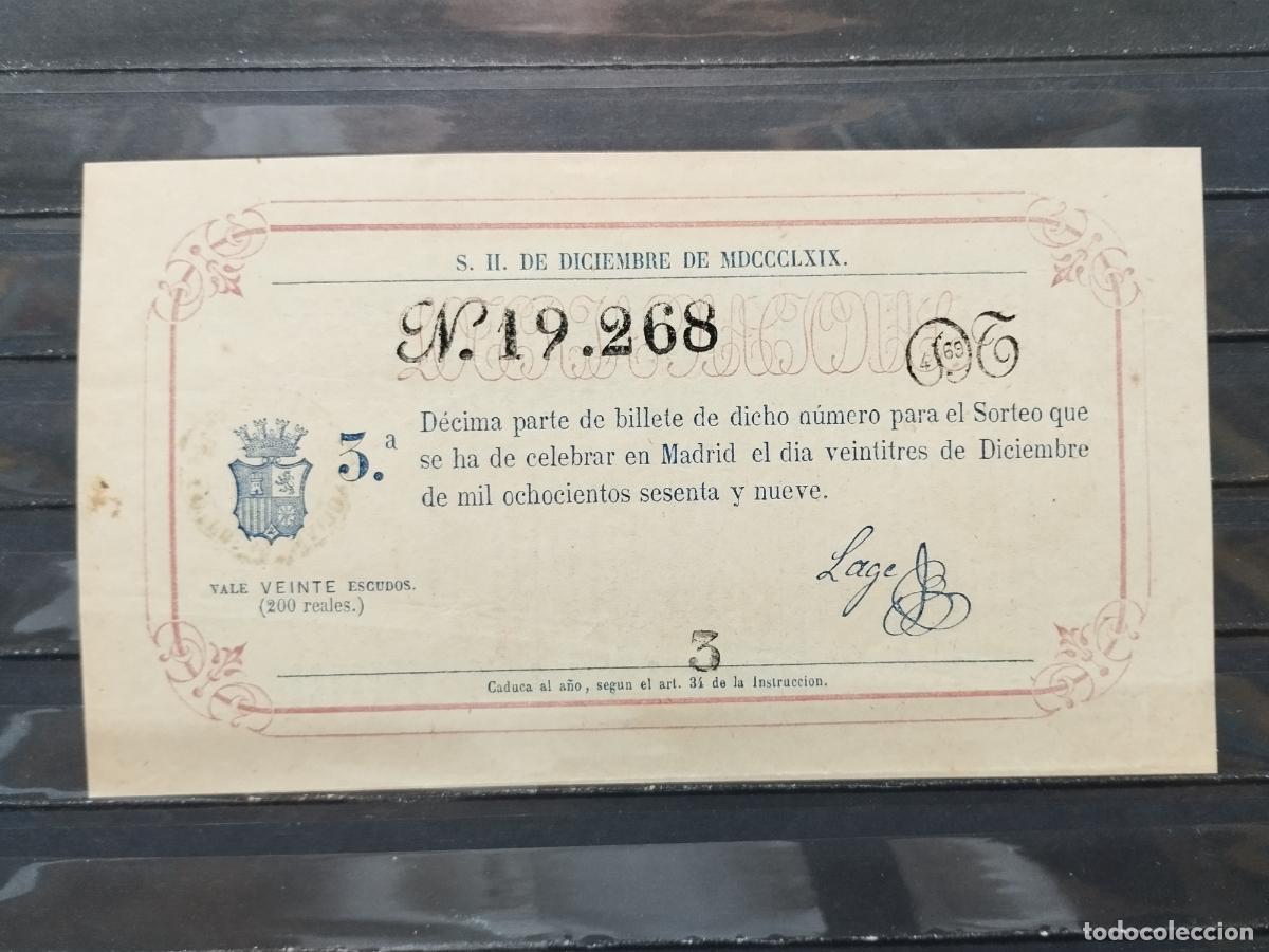 Lotteria Nationale Spagnola: BZB DECIMO DE LOTERIA 1869. MADRID. 20 ESCUDOS &Oacute; 200 REALES DE VELLON. MANCHITAS. SIN DOBLECES