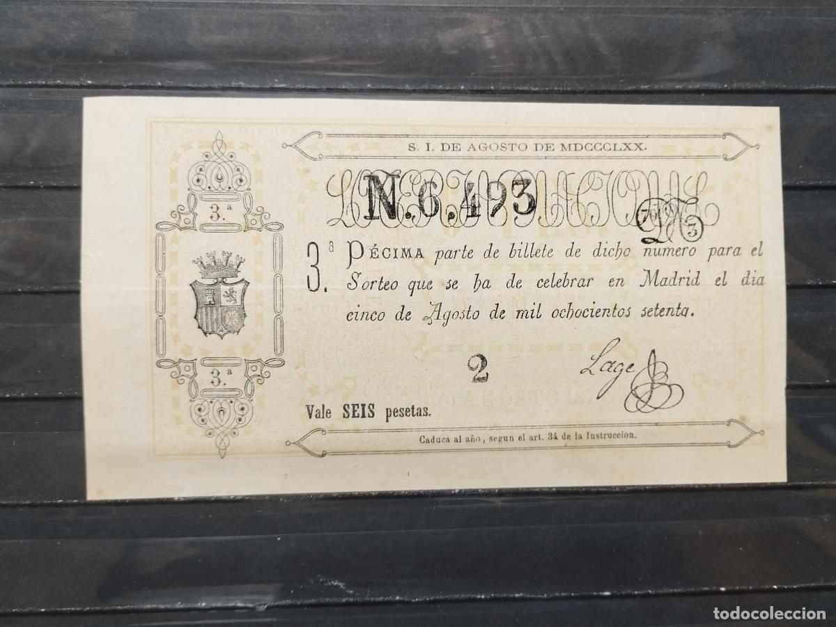 Lotteria Nationale Spagnola: BZB DECIMO DE LOTERIA 1870. MADRID. 6 PESETAS. INFIMA DOBLEZ HOTIZONTAL. DOS MANCHITAS DE OXIDO.