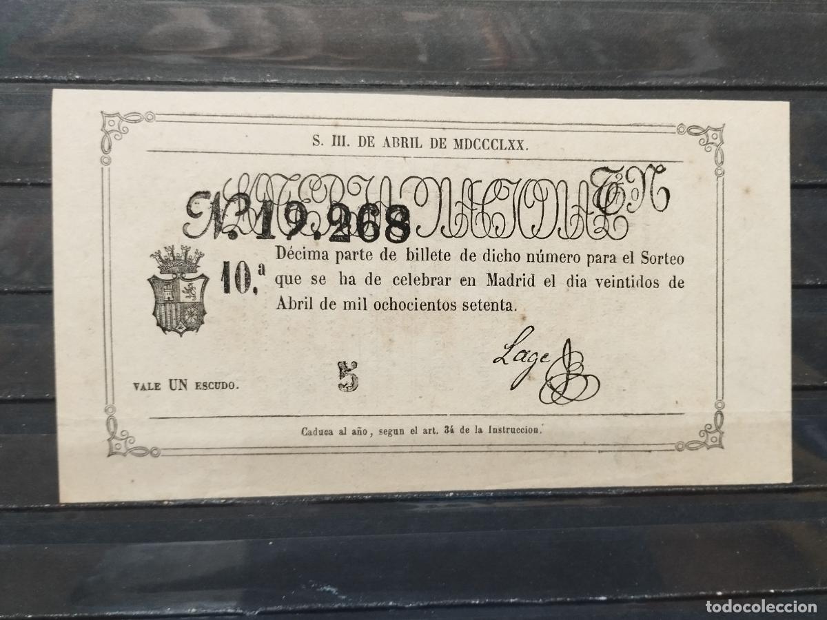 Lotteria Nationale Spagnola: BZB DECIMO DE LOTERIA 1870. MADRID. 1 ESCUDO. SIN DOBLECES. LIGEROS PUNTITOS DE OXIDO.