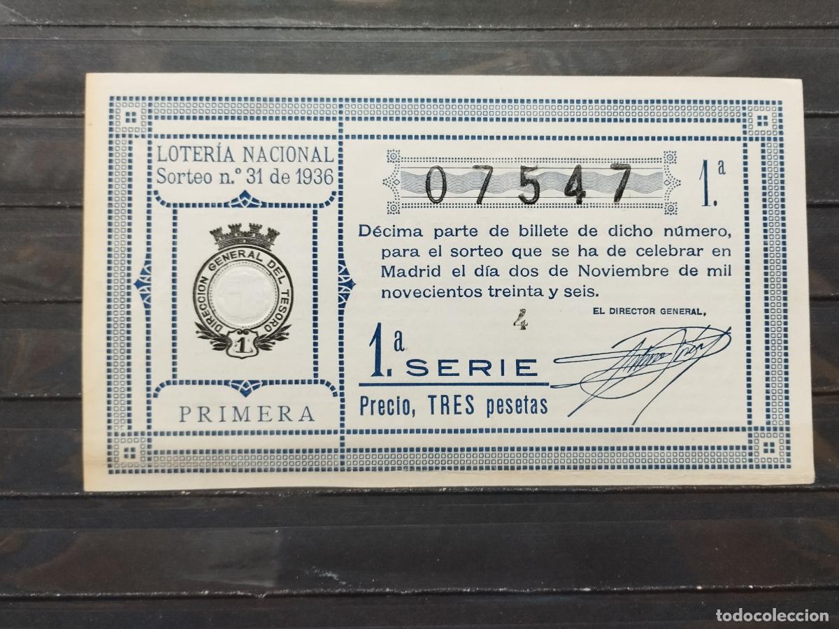 Nationale spanische Lotterie: BZB DECIMO DE LOTERIA 1936. MADRID. SORTEO 31.LIGERA DOBLEZ HORIZONTAL EN PARTE INFERIOR