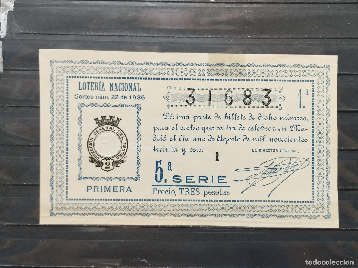 Nationale spanische Lotterie: BZB DECIMO DE LOTERIA 1936. MADRID. SORTEO 22. LIGERAS DOBLECES HORIZONTALES Y PEQUE&Ntilde;A REPARACION.