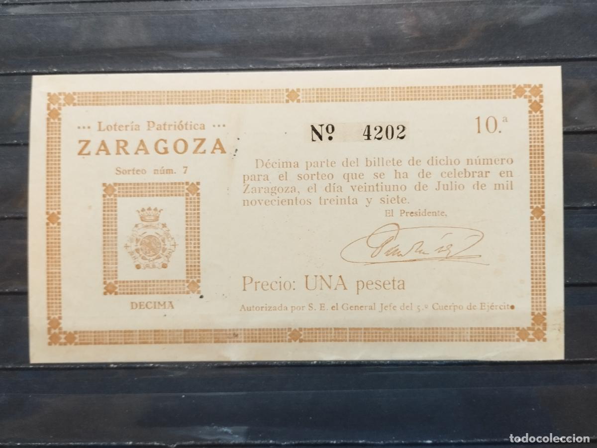 Nationale spanische Lotterie: BZB DECIMO DE LOTERIA PATRIOTICA DE ZARAGOZA. 1937. SORTEO 7. GUERRA CIVIL. ALGUNAS MANCHITAS