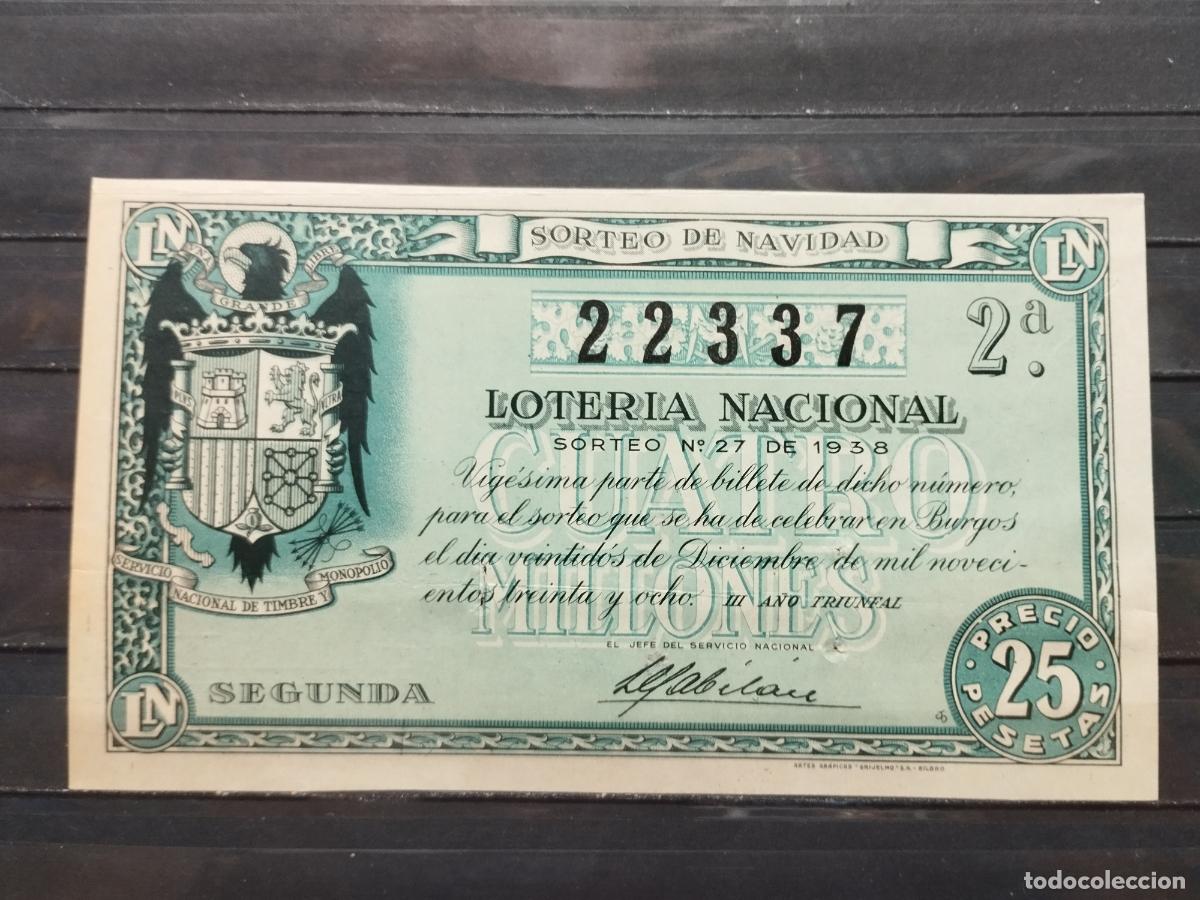 Nationale spanische Lotterie: BZB DECIMO DE LOTERIA PATRIOTICA DE BURGOS. 1938. SORTEO 27. GUERRA CIVIL. INFIMA DOBLEZ HORIZONTAL