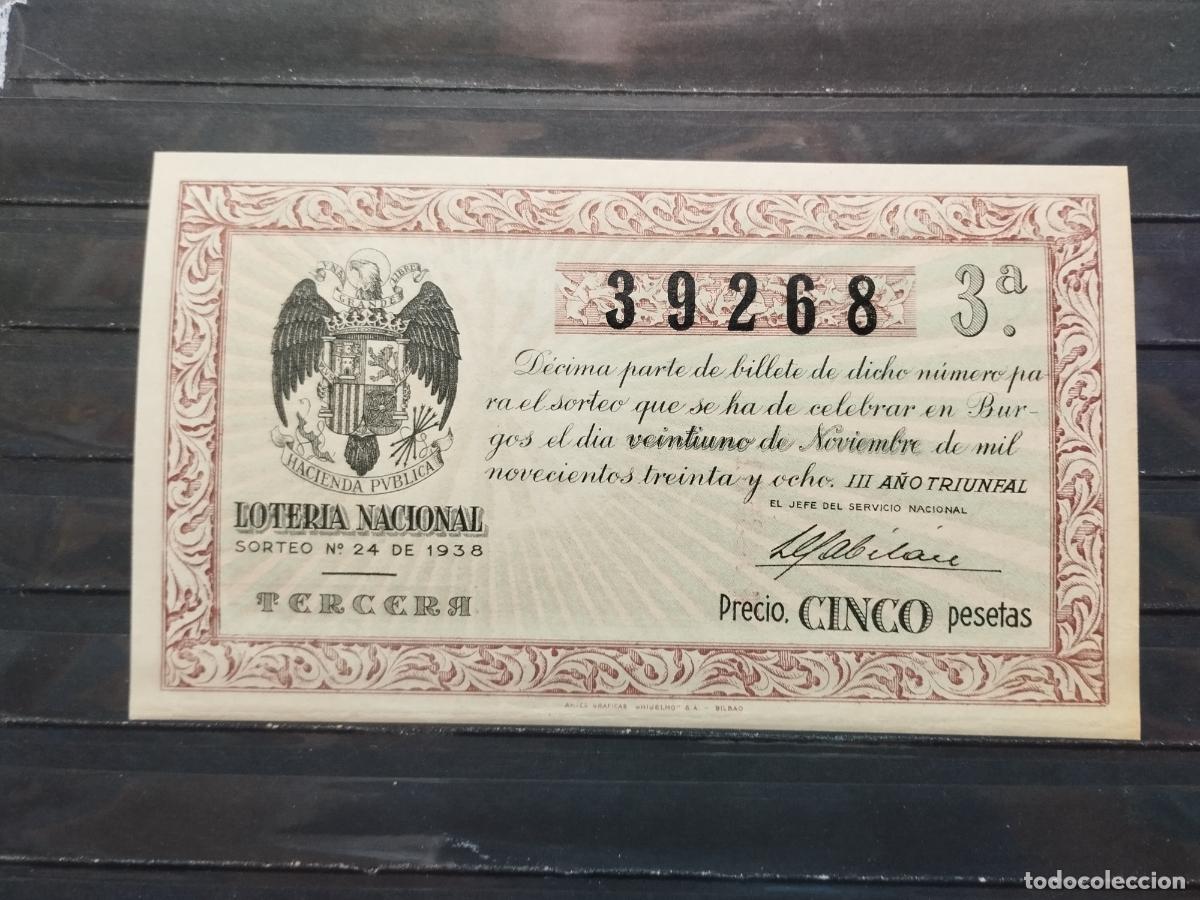 Nationale spanische Lotterie: BZB DECIMO DE LOTERIA PATRIOTICA DE BURGOS. 1938. SORTEO 24. GUERRA CIVIL. LIGERO DOBLEZ HORIZONTAL