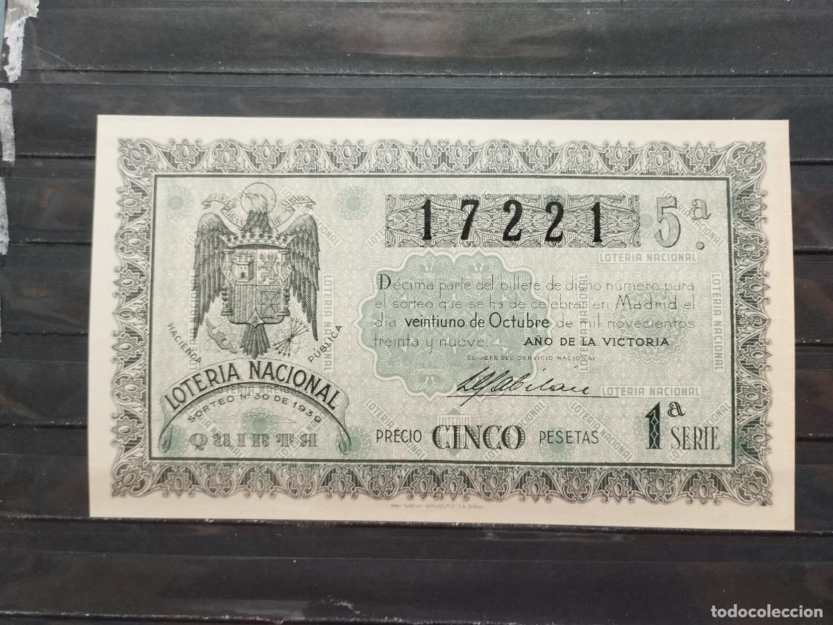 National Spanish Lottery: BZB DECIMO DE LOTERIA 1939. SORTEO 30. MADRDI. INFIMA DOBLEZ VERTICAL. MUY BUENA CALIDAD.
