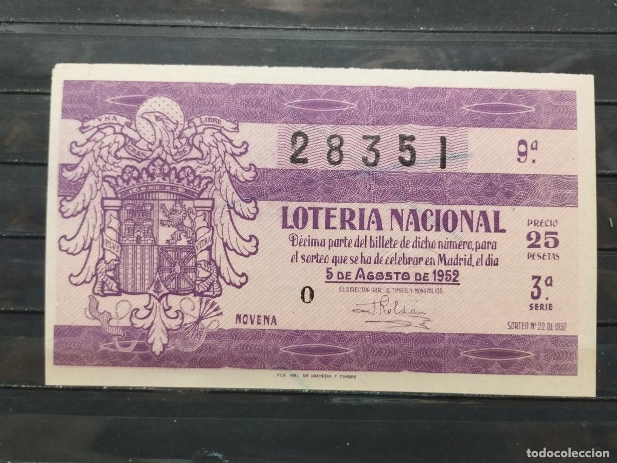 Loterie Nationale: BZB DECIMO DE LOTERIA 1952. SORTEO 22. INFIMA DOBLEZ MARGEN SUPERIOR. MUY BUENA CALIDAD.