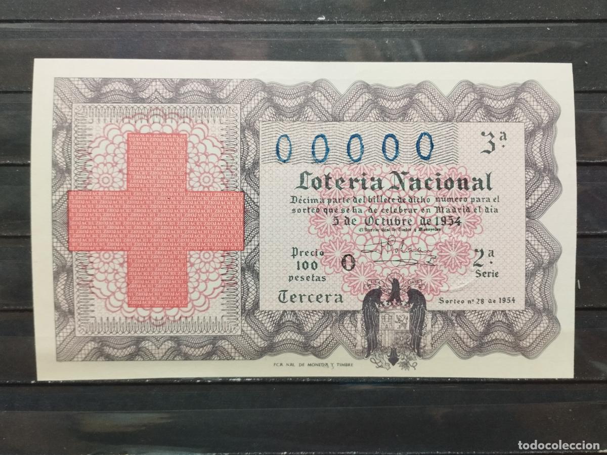 Loterie Nationale: BZB DECIMO DE LOTERIA 1954. SORTEO 28. CRUZ ROJA. PERFECTO SIN DOBLECES. N&ordm; 00.000