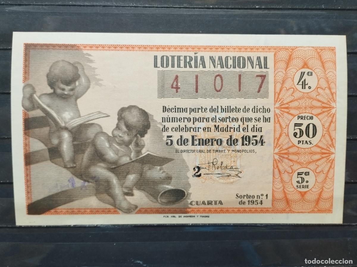 Lotteria Nationale Spagnola: BZB DECIMO DE LOTERIA 1954. SORTEO 1. INFIMA DOBLEZ EN MARGEN DERECHO. MUY BUENA CALIDAD.