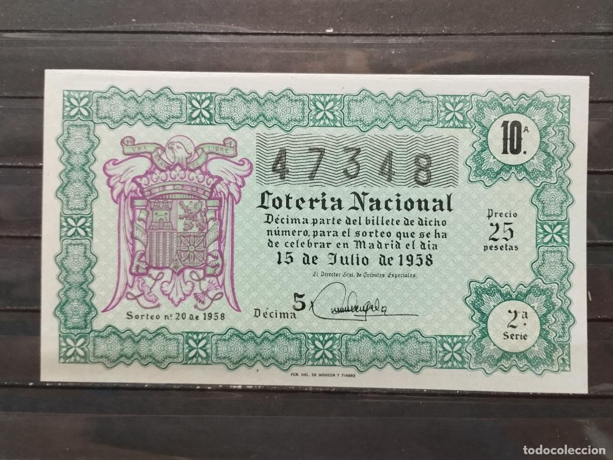Lotaria Nacional: BZB DECIMO DE LOTERIA 1958. SORTEO 20. LIGERAS DOBLECES EN MARGEN SUPERIOR E IZQUIERDO.