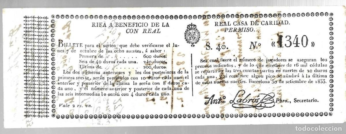 Loter&iacute;a nacional: A&Ntilde;O 1833 - BILLETE RIFA A BENEFICIO DELA REAL CASA DE CARIDAD. CON REAL PERMISO. BARCELONA. N&ordm; 1340