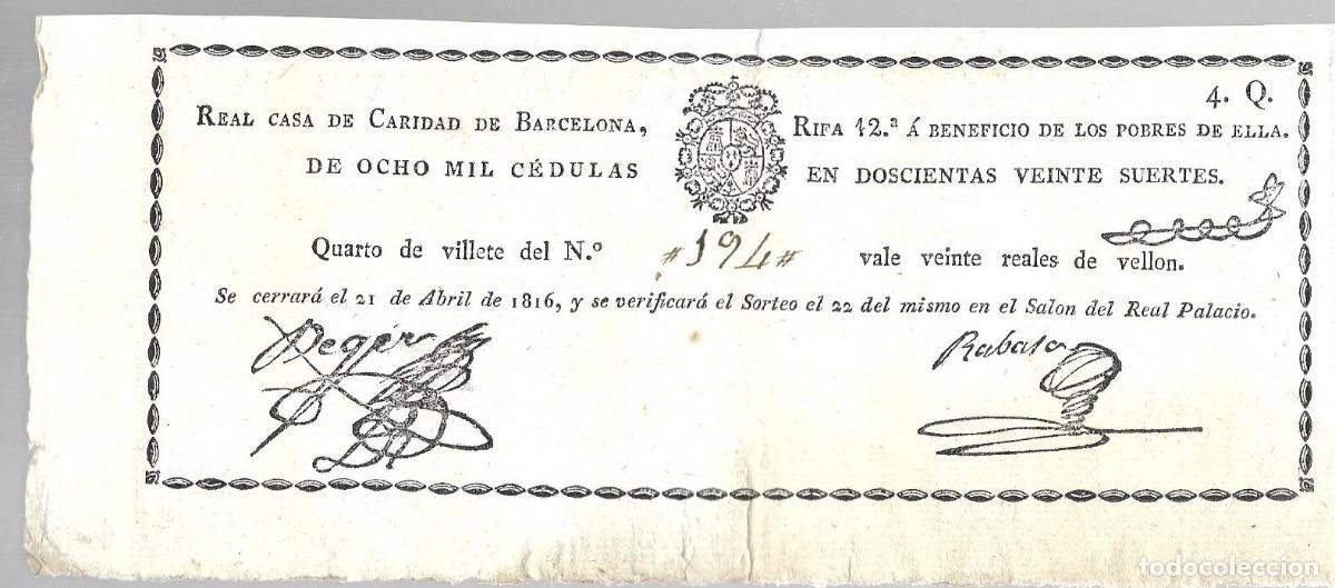 Loter&iacute;a nacional: LOTERIA DE 1816 - REAL CASA DE CARIDAD DE BARCELONA, RIFA 12 A BENEFICIO DE LOS POBRES DE ELLA.