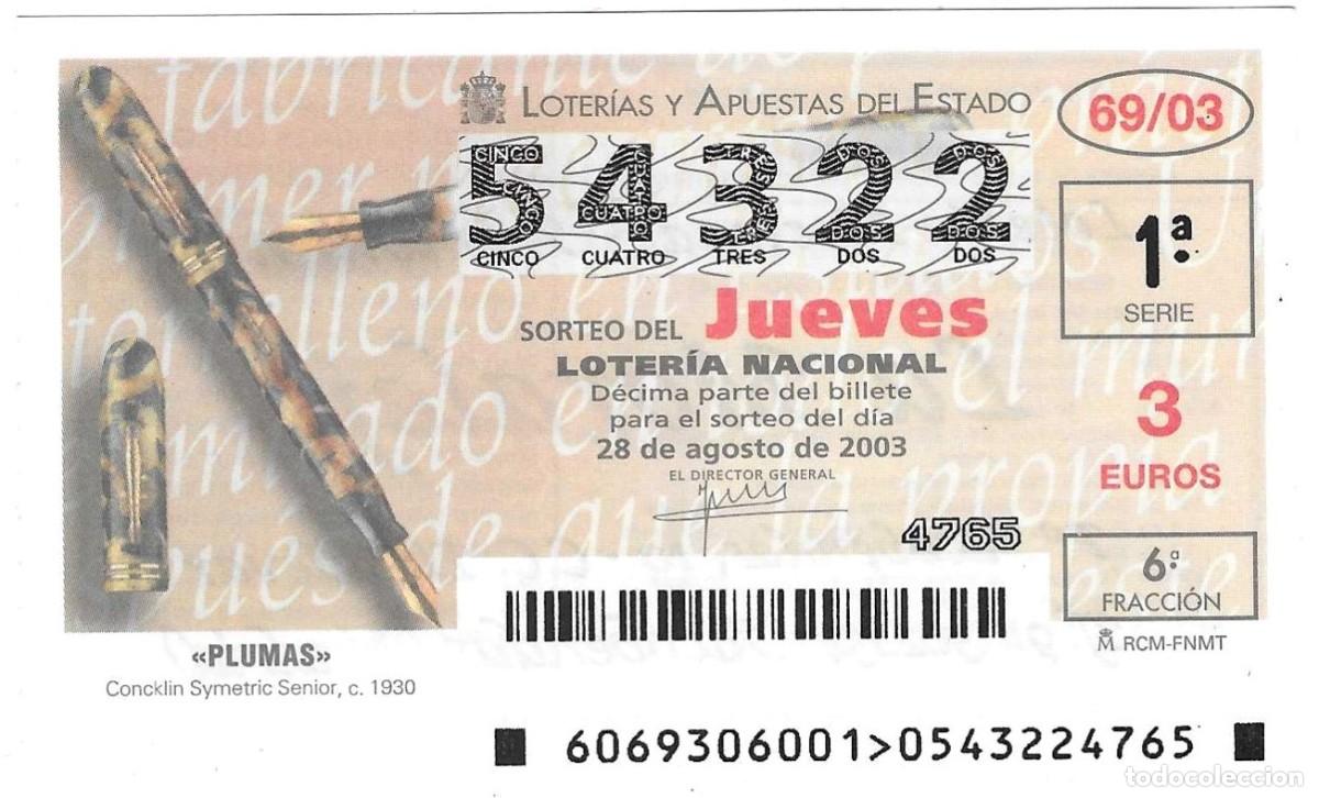 Loter&iacute;a nacional: D&eacute;cimo Loter&iacute;a del Jueves, sorteo n&ordm; 69 de 2003. Plumas. Concklin Symetric. ref. 10-0369