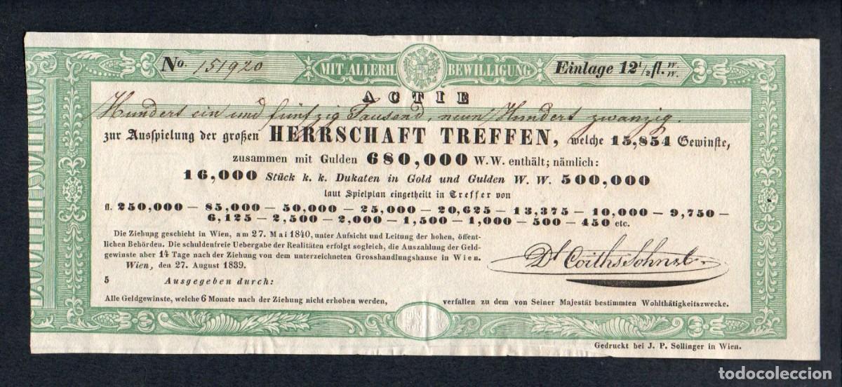 Loter&iacute;a nacional: ANTIGUA ACCI&Oacute;N - BOLETO DE LOTERIA MPERIAL AUSTRIACA DE 1859 - HERRSCHAFT TREFFEN (VIENA).