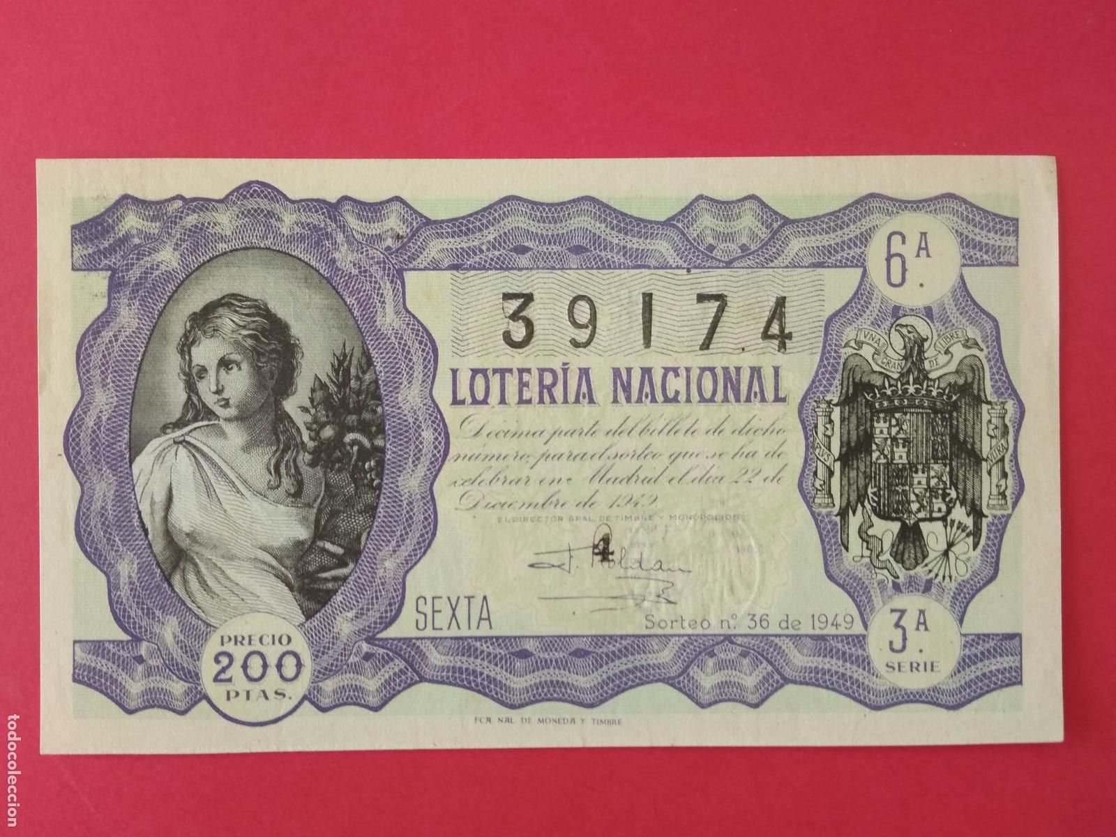 Loter&iacute;a nacional: DECIMO DE LOTERIA NACIONAL A&Ntilde;O 1949 SORTEO N&ordm; 36