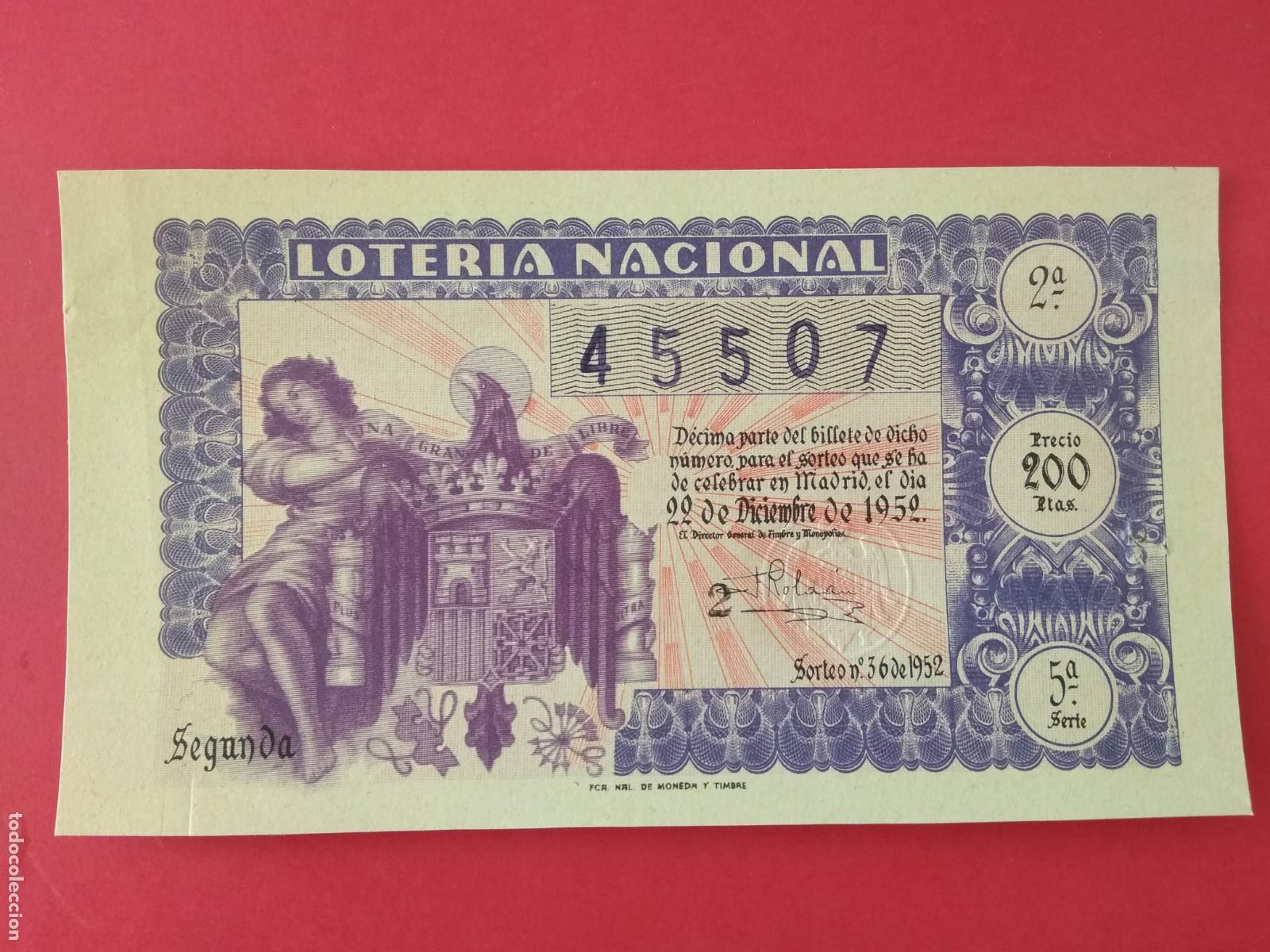 Loter&iacute;a nacional: DECIMO DE LOTERIA NACIONAL A&Ntilde;O 1952 SORTEO N&ordm; 36