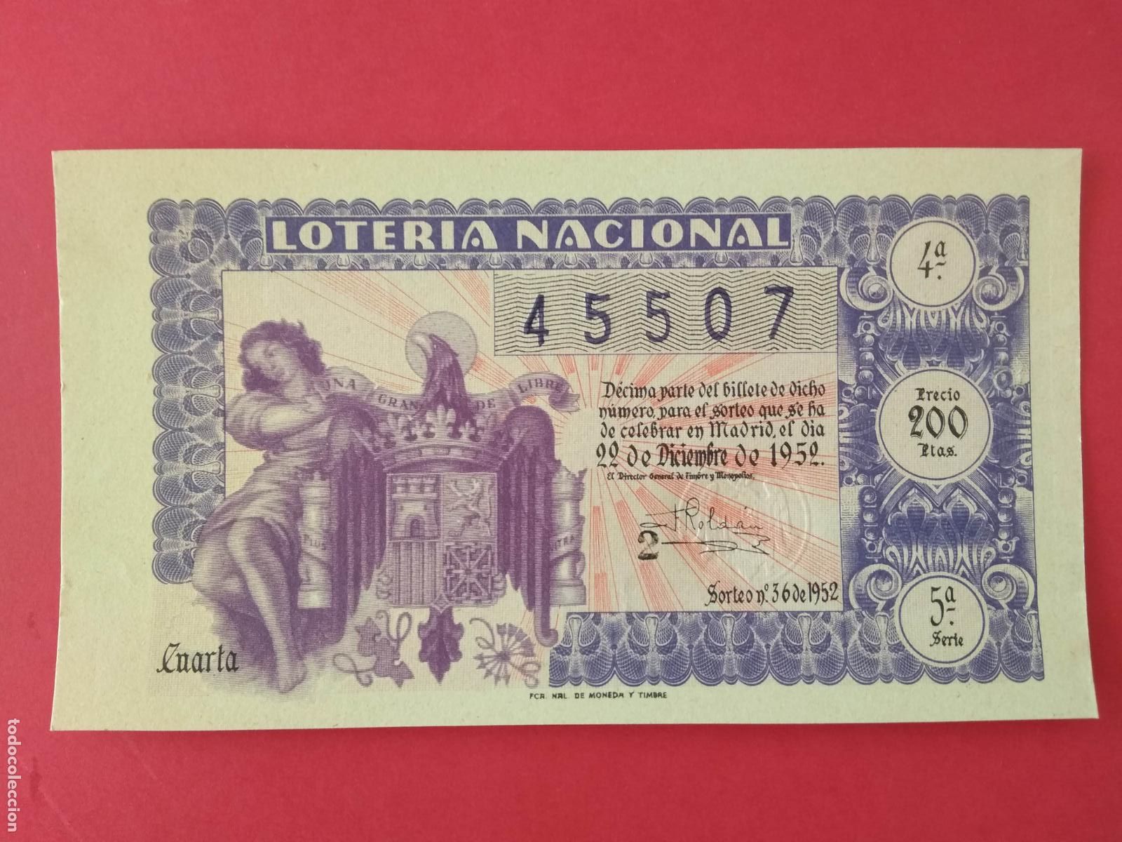 Loter&iacute;a nacional: DECIMO DE LOTERIA NACIONAL A&Ntilde;O 1952 SORTEO N&ordm; 36