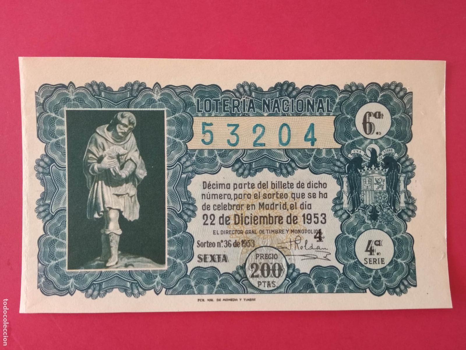 Loter&iacute;a nacional: DECIMO DE LOTERIA NACIONAL A&Ntilde;O 1953 SORTEO N&ordm; 36