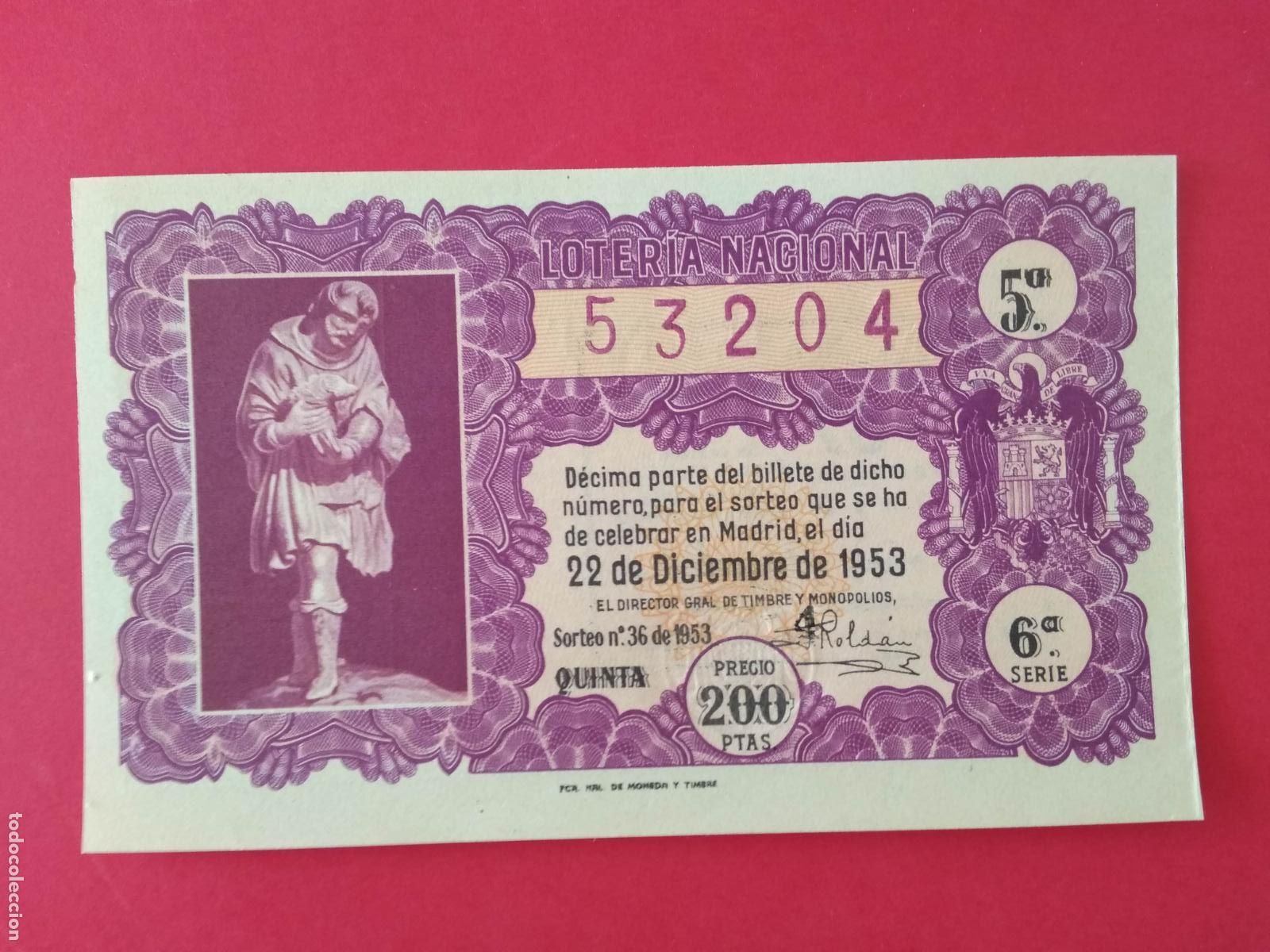 Loter&iacute;a nacional: DECIMO DE LOTERIA NACIONAL A&Ntilde;O 1953 SORTEO N&ordm; 36
