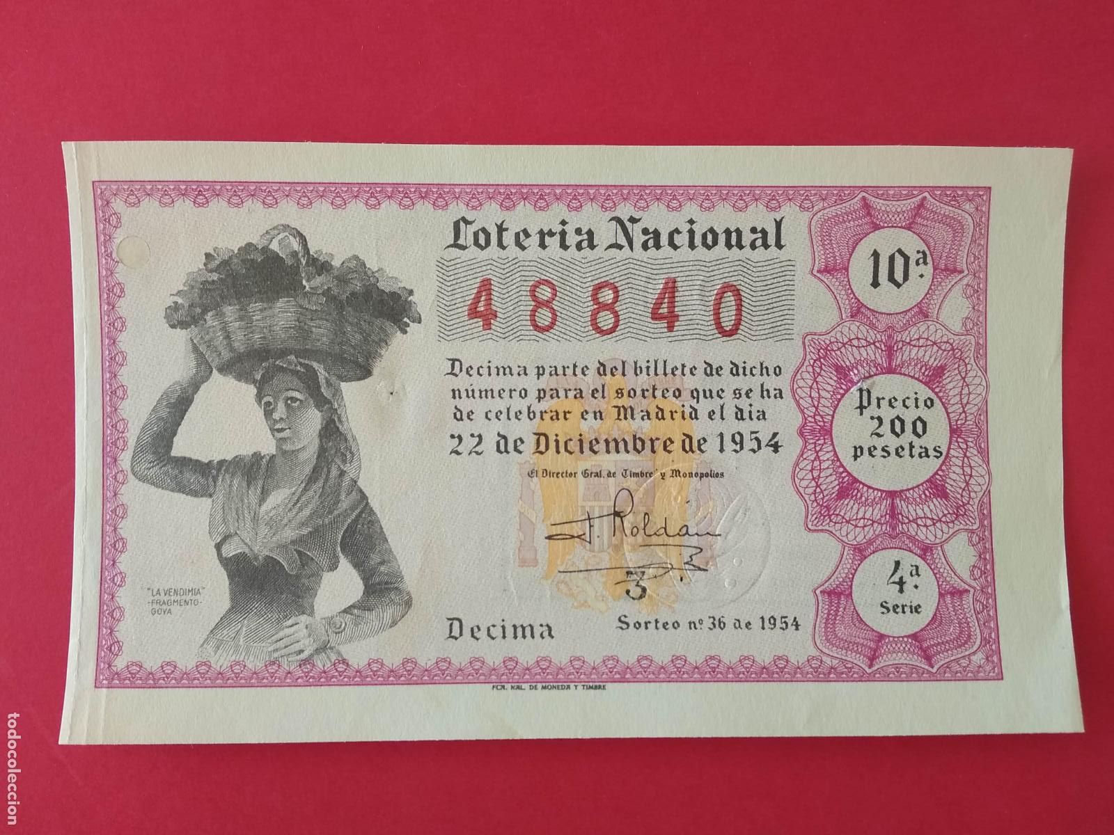 Loter&iacute;a nacional: DECIMO DE LOTERIA NACIONAL A&Ntilde;O 1954 SORTEO N&ordm; 36