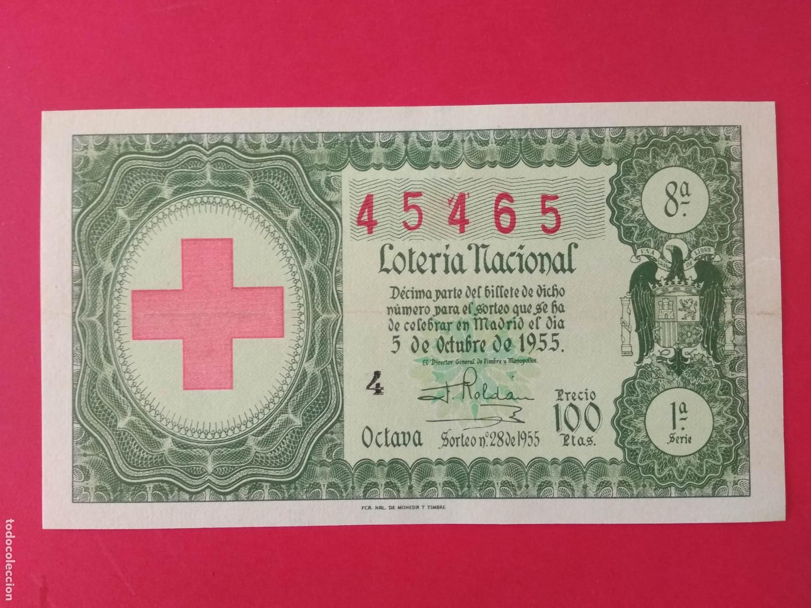 Loter&iacute;a nacional: DECIMO DE LOTERIA NACIONAL A&Ntilde;O 1955 SORTEO N&ordm; 28 CRUZ ROJA