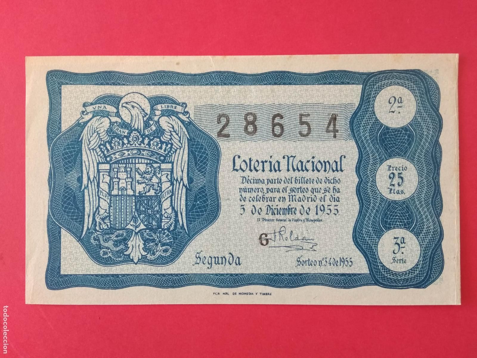 Loter&iacute;a nacional: DECIMO DE LOTERIA NACIONAL A&Ntilde;O 1955 SORTEO N&ordm; 34