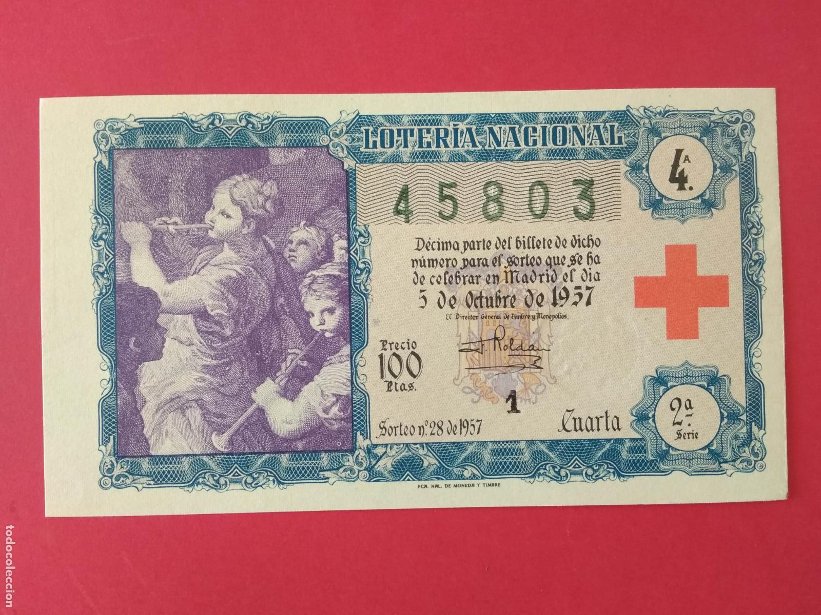 Loter&iacute;a nacional: DECIMO DE LOTERIA NACIONAL A&Ntilde;O 1956 SORTEO N&ordm; 28 CRUZ ROJA