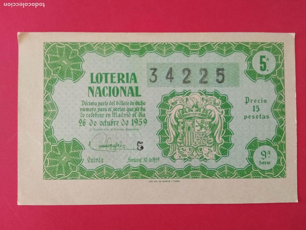 Loter&iacute;a nacional: DECIMO DE LOTERIA NACIONAL A&Ntilde;O 1959 SORTEO N&ordm; 30